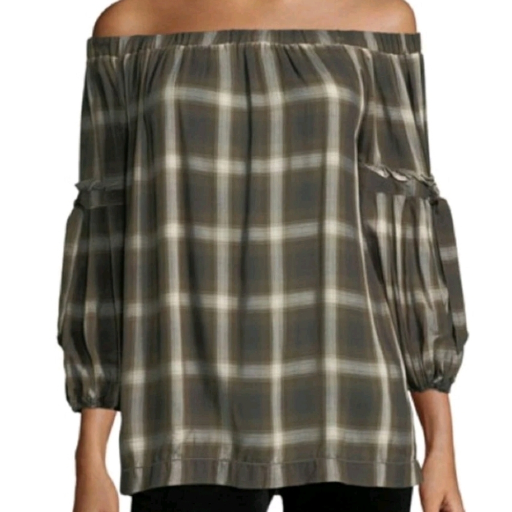 Max Studio Off Shoulder Plaid Green Top Bell Sleeve Peasant Med Top Neutral NEW